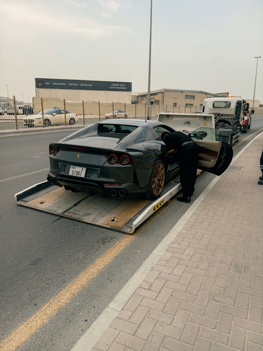 Car Recovery Pro Dubai Loading Ferrari 812 Superfast on Hydraulic Flatbed